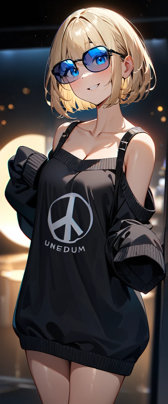 (((One girl))), peace fingers, (((from behind))), (((bare legs))), blond hair, ((sunglasses, hand to sunglasses)), (bob cut:1.3)), breasts, cleavage, (cowboy shot), standard body, (looking at viewer), oversized clothes, puffy long sleeves, collarbone, ((aran sweater)), ((off-shoulder sweater dress:1.3, Quite thick shoulder straps)), (((sleeves past wrists:1.3))), ((black sweater)), ager, head tilt:1.3, (((blue eye))), ((happy smile)), (((anime style))), (best quality, 4k, 8k, highres, masterpiece:1.2, ultra-detailed, ultra-detailed eyes, HDR, UHD, studio lighting, ultra-fine painting, sharp focus, physically-based rendering, extreme detail description, professional, vivid colors, bokeh), ((Highest quality, Best image quality, Ultra-high resolution, Ultra-high resolution, solo, Strong eye highlights)), Depth of written boundary, Natural soft light, attractive, Beautiful Face, Cleanliness, Pure Face, nedium chest, Beautiful Face, Perfect Fingers, Perfect hands, Perfect body, Perfect Face, Shine a light into your eyes, Perfect Anatomy