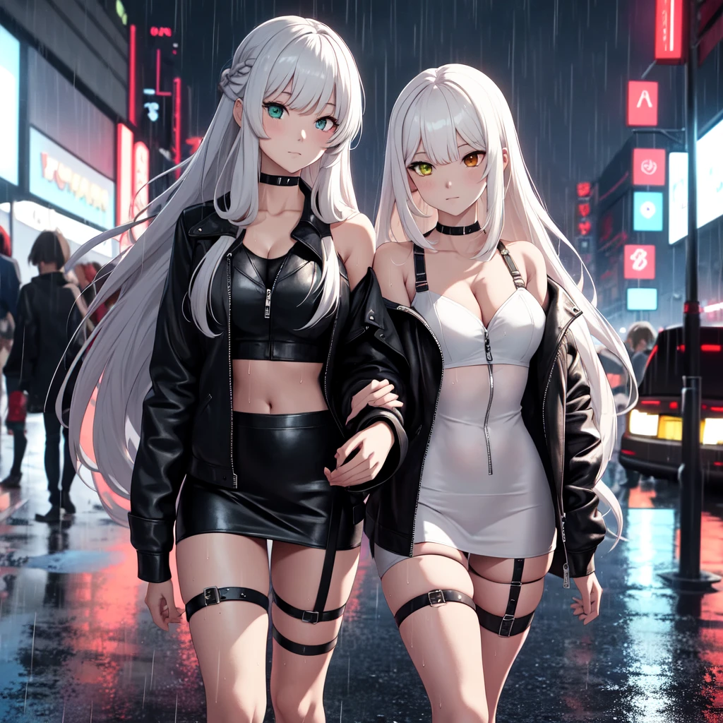 ONLY ONE ANIME GIRL 
THAT ONE Anime girl with long white hair and black leather jacket walking like a Grace itself on red carpet of high fashion show 
 Girl with silver hair, perfect girl, Seductive , Cyberpunk, bangs, strictly straight haircut, long hair, off shoulder, oversized CLOTHING, white with silky Top, bare legs, thigh, cleavage, collarbone, (extremely detailed CG unity 8k wallpaper, masterpiece, best quality, ultra-detailed, best shadow), (masterpiece:1.2, best quality),((Heterochromia_eyes)(multicolor eyes)
(Red rose right eye, metallic gray left eye
Blunt_bangs, straight_bangs, silver_bangs, carefully_styled_bangs, Sleek_bangs, strictly_straight_sidelocks,
Strictly_Straigh_hairstyle, long_hairstyle, straight _cutted_hair, SLIM SLENDER MODEL PERFECT BODY, cute, thigh strap, outside, out door, raining, night, wet clothes, 