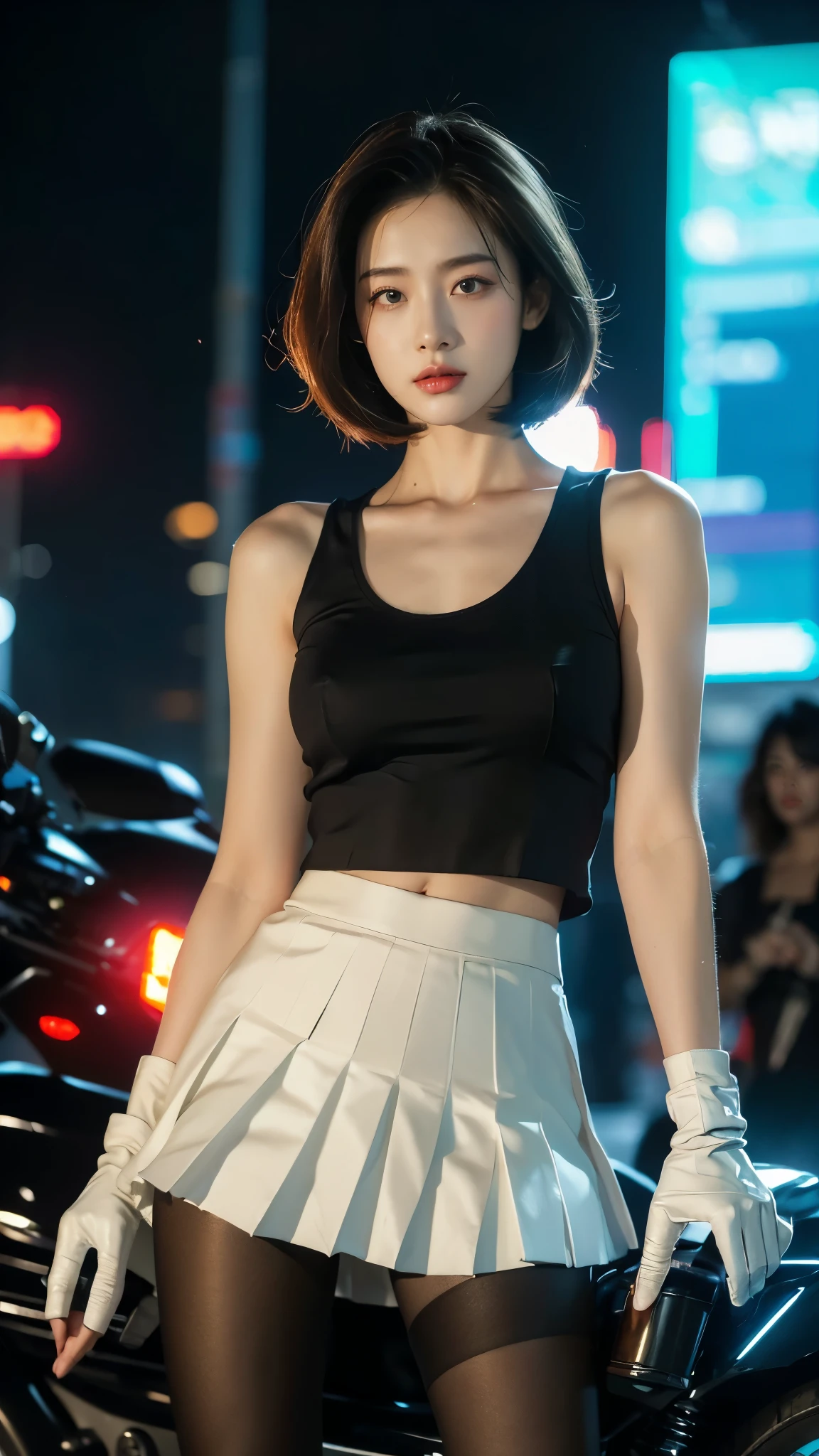 (((best quality))),(((very detailed))),(((masterpiece))),illustration,(1 beautiful girl,alone),((slim,thin)),(( big bust,soft chest)),(crash helmet:1.3),shoulder length straight bob hair,slim 다리,cyberpunk, city streets,(riding a motorcycle:1.3), smooth, (white tank top:1.3),(Gloves:1.2),(black pleated skirt:1.3),(pantyhose:1.3), stylish boots, trust, crystal, dark street,neon lights, skyscrapers, city noise, traffic, Siren, sounds of the city, futuristic, Dystopian societies, technology, fashion, explosive cocktail, style, , modernity, demeanor, soul, anything is possible,((in front,upper body))