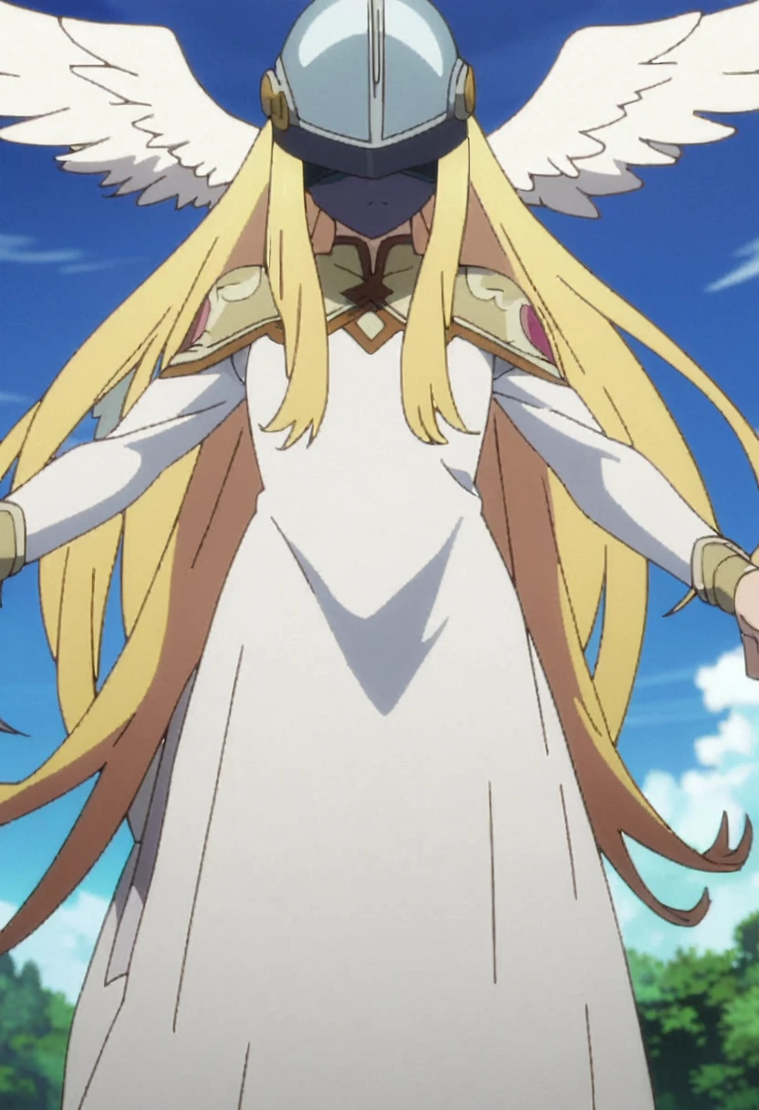 Angemon de Digimon Adventure con una pose de valentia, 1man, solo, full body, blonde hair, head wings, helmet, (covered eyes:1.7), long hair, angel wings, feathered wings, wings, en el cielo de fondo, anime screencap, american cowboy shot, masterpiece, the best quality, super detailed