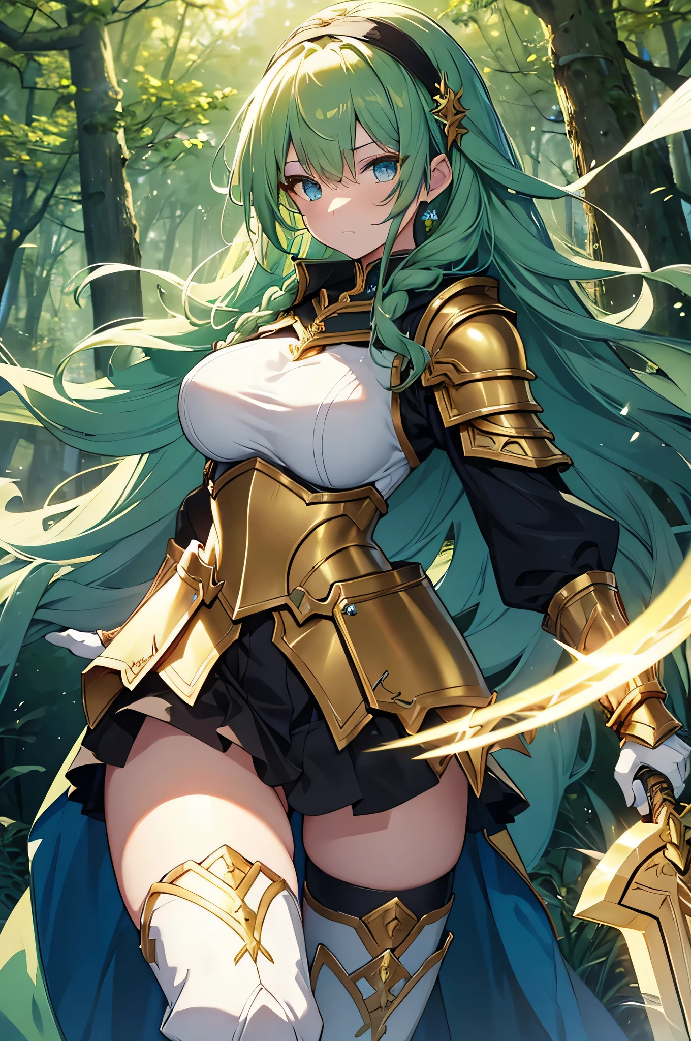 4K,High resolution,One Woman,Green Hair,long hair,Braid,Blue Eyes,Big Breasts,Brave,Golden Armor,Heavy Armor,Full Armor,White boots,White gloves,Black tights,hair band,Jewelry decoration,Golden Sword,Golden Shield,in the forest