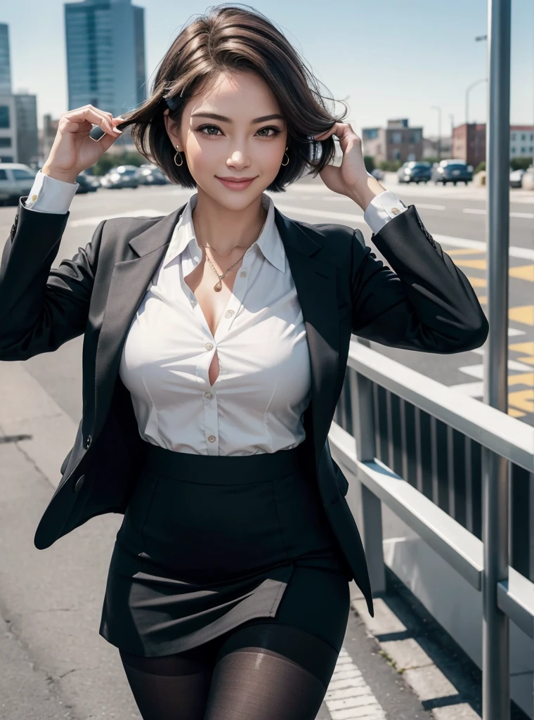 (8k, best quality, masterpiece:1.2),
(realistic, photo-realistic:1.37),
ultra-detailed,
1 girl, full body, outdoors, (adjusting hair:1.5)
office lady, black officeblazer, officeskirt, (pantyhose:1.2), (short buttoneddownshirt:1.2), buttonedupcollarprim, buttoneddowncollarprim, bra, (pantyhose:1.2), alphalayers, highheels,
beautiful earrings,
cute,
solo,
beautiful detailed sky,
(smile:1.15),
(closed mouth),
small breasts,
beautiful detailed eyes,
business attire,
(short hair:1.2),
floating hair NovaFrogStyle,