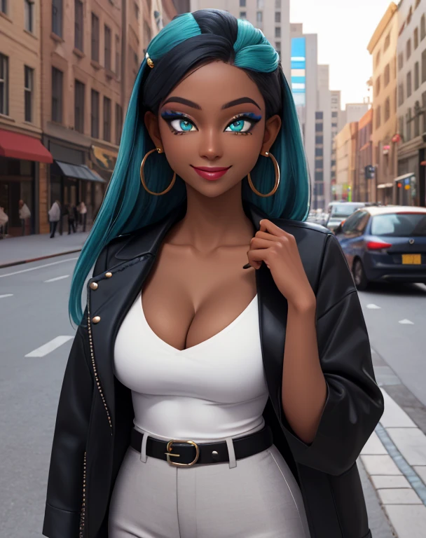 masterpiece, best quality, (Detailed face:1.2), (Detailed eyes:1.2), solo, 1girl, nessacasual, aqua eyes, dark skin, makeup, smile, medium breasts, collarbone exposed, cleavage, Opened black jacket, white undershirt, grey pants, belt, hoop earrings, black boots, outdoors, city street
Waiting to start 
