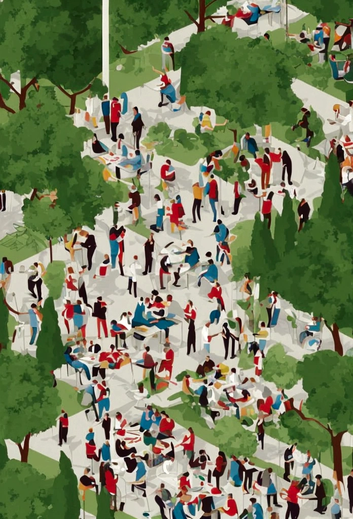 Vector art of a crowd of people eating together in a park