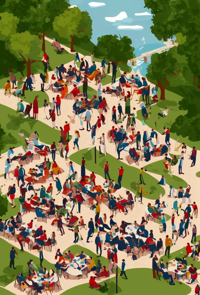 Vector art of a crowd of people eating together in a park