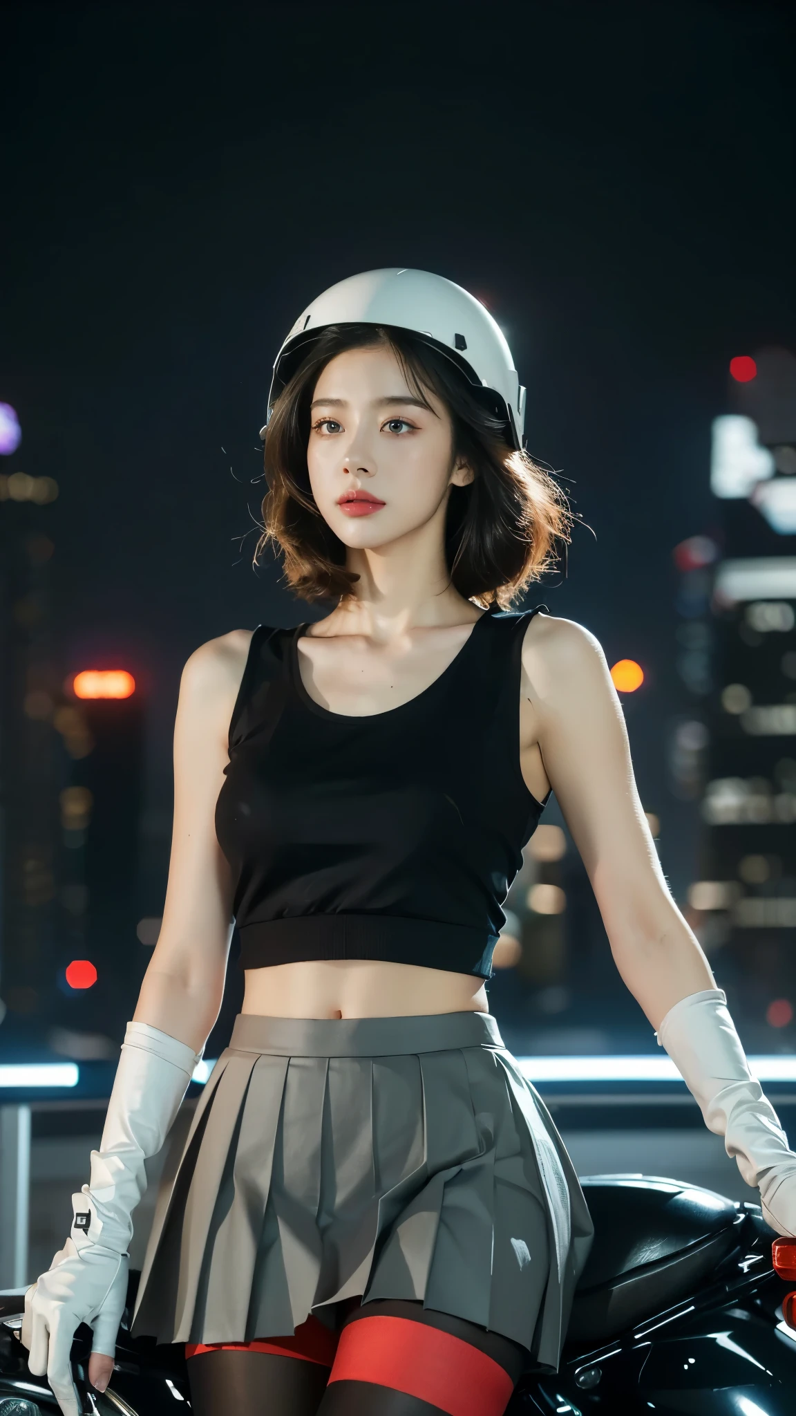 (((best quality))),(((very detailed))),(((masterpiece))),illustration,(1 beautiful girl,alone),((slim,thin)),(( big bust,soft chest)),(crash helmet:1.3),shoulder length straight bob hair,slim 다리,cyberpunk, city streets,(riding a motorcycle:1.3), smooth, (white tank top:1.3),(Gloves:1.2),(black pleated skirt:1.3),(pantyhose:1.3), stylish boots, trust, crystal, dark street,neon lights, skyscrapers, city noise, traffic, Siren, sounds of the city, futuristic, Dystopian societies, technology, fashion, explosive cocktail, style, , modernity, demeanor, soul, anything is possible,((in front,upper body))