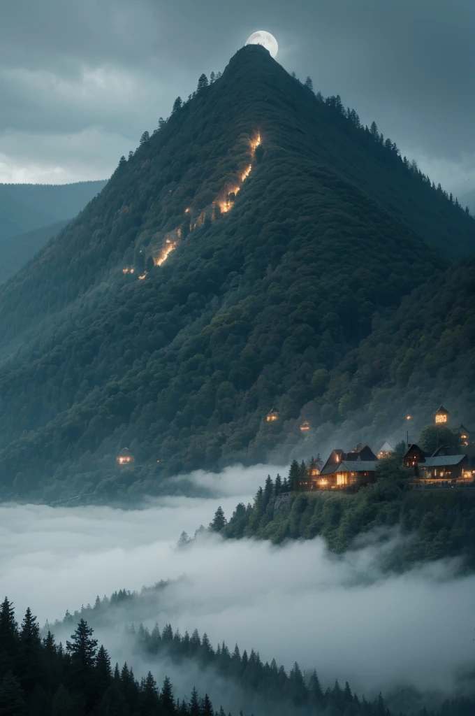 Gloomy mountain with spooky forest and village on the side