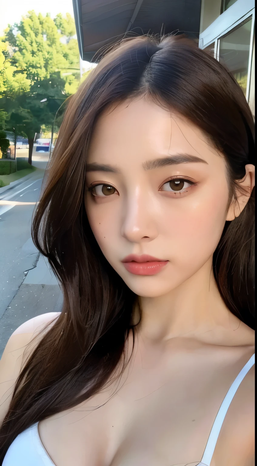 ((top quality、8K、masterpiece：1.3))、sharp focus：1.2、Beautiful woman with perfect style：1.4、slim abs：1.2、((Dark brown bob hair、C cup：1.2))、(natural and soft light、city street:1.1)、Highly detailed face and skin textures、eye for detail、double eyelid