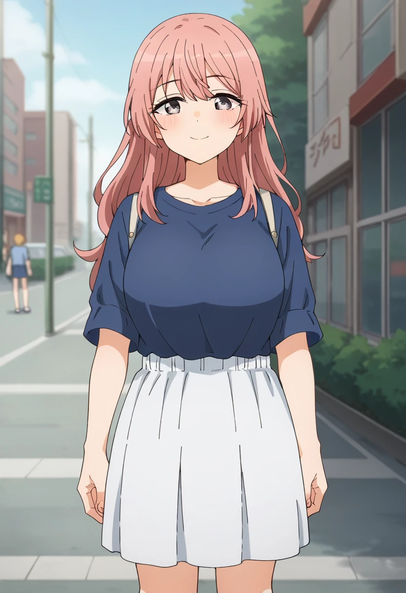 score_9, score_8_superior, score_7_superior, sauce_anime,
InuiShinju,
One girl, Mouth closed, blush, A light smile,
Pink Hair, Long Hair, Lavender eyes,
Dry Casual, Blue Shirt, Tucked in shirt, Short sleeve, White Skirt,
Are standing, View your viewers, knees, Place your hands between your legs,
Outdoor, city, street, over the counter, Blurred Background