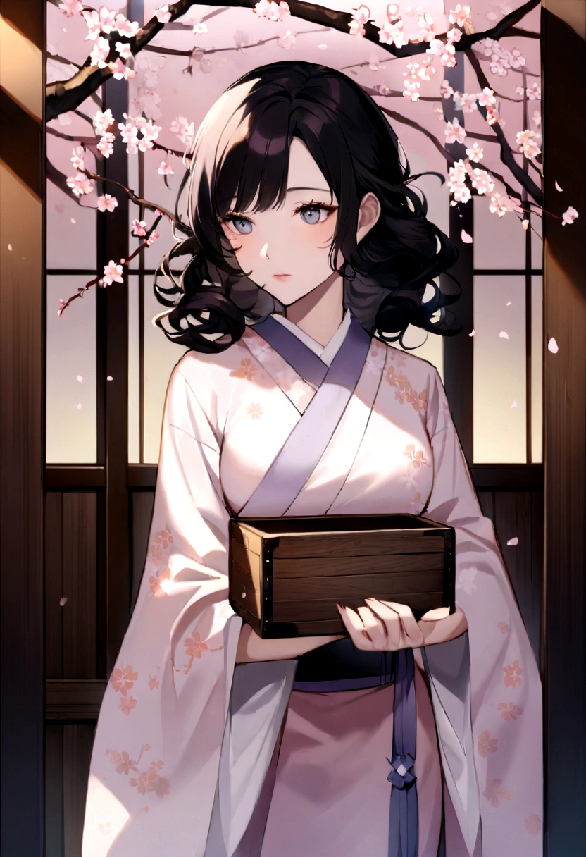 Paint a portrait of an Asian woman in her late 30s, radiating an aura of serenity and quiet mystique, standing beneath a canopy of blossoming cherry trees. Her serene expression reflects a wisdom earned through time, yet remains infused with warmth. She gazes into the distance with cool, knowing eyes. Her sleek, semi-long black hair is styled in elegant, loose curls that accentuate her sophistication. Her fair skin is complemented beautifully by a pale pink kimono, simple in design, yet luxurious in the sheen of its silk and delicately embroidered with cherry blossoms. She cradles a set of tarot cards in an antique wooden box, holding them with a reverence that speaks of their significance. The background showcases a breathtaking scene of pale pink cherry blossoms in full bloom, petals gently cascading around her. Utilize a play of light and shadow to create a dreamlike, ethereal atmosphere.