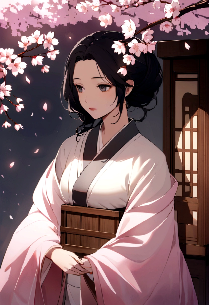 Paint a portrait of an Asian woman in her late 30s, radiating an aura of serenity and quiet mystique, standing beneath a canopy of blossoming cherry trees. Her serene expression reflects a wisdom earned through time, yet remains infused with warmth. She gazes into the distance with cool, knowing eyes. Her sleek, semi-long black hair is styled in elegant, loose curls that accentuate her sophistication. Her fair skin is complemented beautifully by a pale pink kimono, simple in design, yet luxurious in the sheen of its silk and delicately embroidered with cherry blossoms. She cradles a set of tarot cards in an antique wooden box, holding them with a reverence that speaks of their significance. The background showcases a breathtaking scene of pale pink cherry blossoms in full bloom, petals gently cascading around her. Utilize a play of light and shadow to create a dreamlike, ethereal atmosphere.