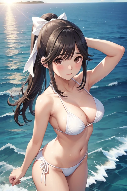 nsfw,

Gaoling loves flowers、 Shiny brown long hair、White ribbon ponytail,、Beautiful brown eyes、smile、Sparkling eyes, (fine grain)、Very detailedな目、Very detailed顔, Very detailed目, 

masterpiece, Highest quality, High resolution, (Highest quality,masterpiece:1.2),Absurd,High resolution,Very detailedな,Very detailed,32k,8K resolution, Intricate details,Movie Scenes,Detailed Background,alone,Dynamic Angle, masterpiece, Highest quality, High resolution,

break (String Bikini:1.2), (White Bikini:1.3), Plain Bikini, naked, Exposed Skin, (Wet Skin:1.1), (Put your arms behind your head, Underarm), Are standing,
break (Ocean:1.5), Beach, (sun:1.3),
break looking at viewer, (from the front:1.5), 
break (masterpiece:1.2), Highest quality, High resolution, unity 8k wallpaper, (figure:0.8), (Beautiful attention to detail:1.6), Very detailedな顔, Perfect lighting, Very detailedなCG, (Perfect hands, Perfect Anatomy),
