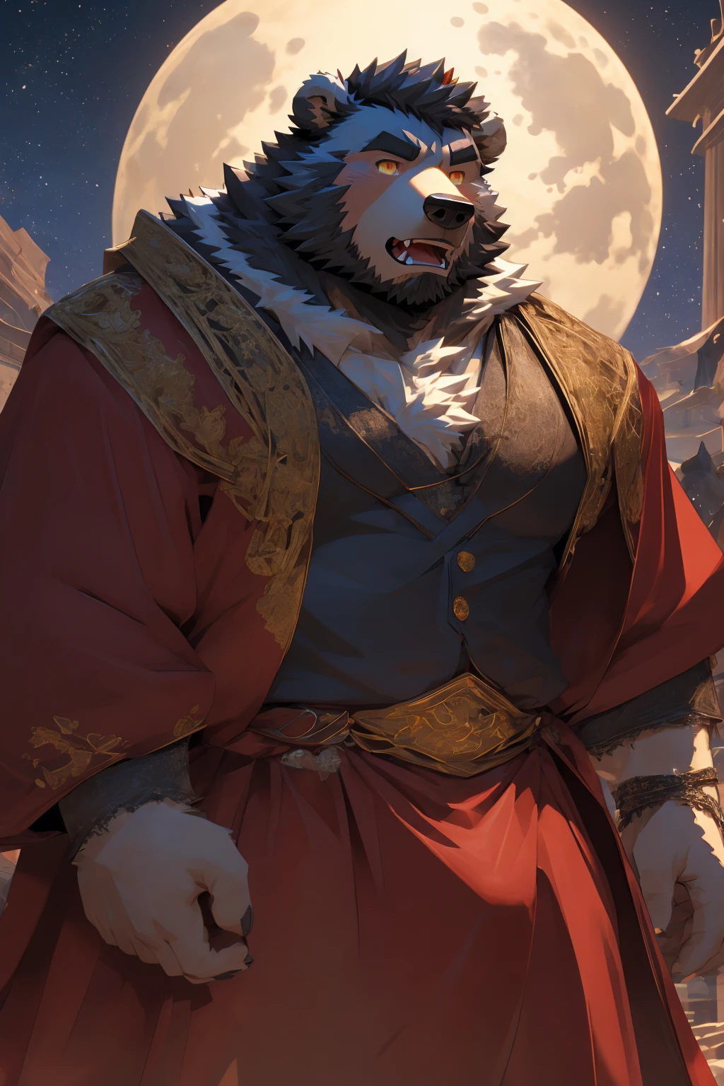 (Super detailed), Sharp focus,hairy, Gray fur, White beard,,Golden Eyes,human nature (棕Bear:1.3), male, Muscular ,(Crotch bulge),(Big Bag),Super detailed的脸,(dishevelled:1.4),(best quality), (masterpiece), High Detail, high quality,High resolution,16K,(Bear:1.3),(scar:1.1),(Fangs),(vampire:1.2),(Red robe),moonlight,Sharp teeth,(Bloody Mouth),Open your mouth