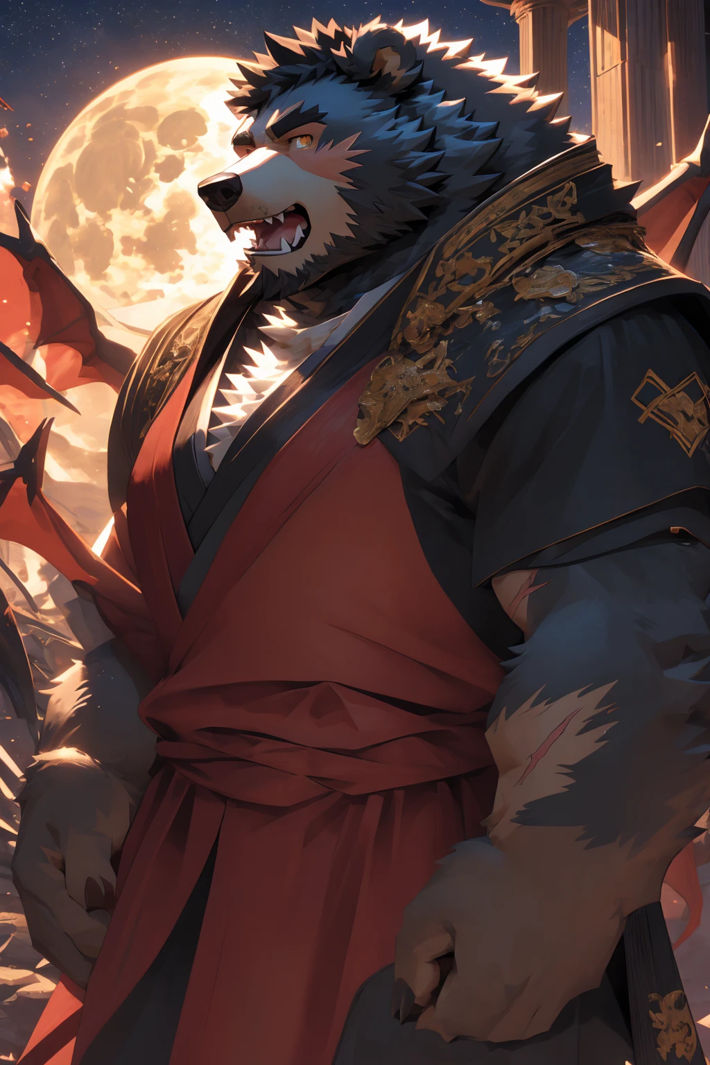 (Super detailed), Sharp focus,hairy, Gray fur, White beard,,Golden Eyes,human nature (棕Bear:1.3), male, Muscular ,(Crotch bulge),(Big Bag),Super detailed的脸,(dishevelled:1.4),(best quality), (masterpiece), High Detail, high quality,High resolution,16K,(Bear:1.3),(scar:1.1),(Fangs),(vampire:1.2),(Red robe),moonlight,Sharp teeth,(Bloody Mouth),Open your mouth