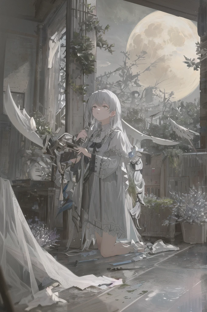 Masterpiece-quality CG，Best image quality and detail，Delicate skin，Radiant Look up slightly at the sky，The picture is painted in the style of artistic thick paint，4 k hd wallpaper，Better volumetric cloud effect，Full moon night，Roof，Armed with the Grim Reaper Scythe，Wearing a cloak，long  white hair，expressiveless