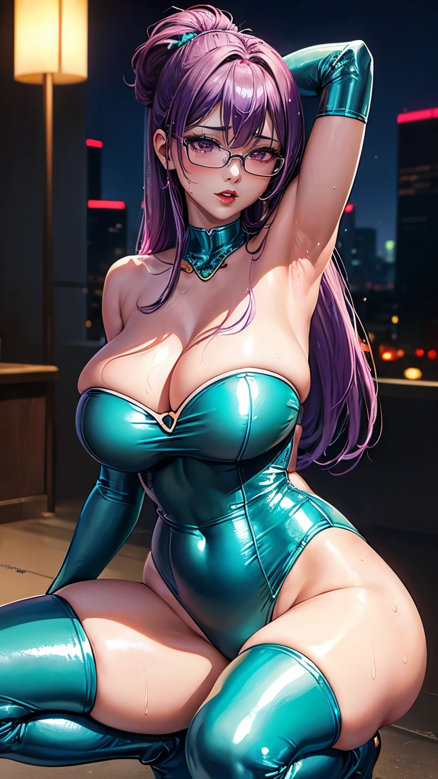 Chinese Idol　Mature Woman　50 talents　Huge boobs　((Super shiny metallic turquoise strapless one-piece super high leg competitive swimsuit))　Plump thighs　((Super shiny metallic purple knee-high boots))　((Purple hair with bangs 2 chignon))　((Rimless glasses))　((Skyscraper rooftops at night with cyberpunk lighting))　((Sweaty, wet skin))　((A mature woman full of pheromones))　Obscene gaze　Sexy Face　(Gorgeous makeup)　((Plump lips with bright red lipstick))　　((Make provocative eye contact from the front))　Voluptuous mature woman　Duck mouth　Plump lips　((Spread your legs))　((Squat with your legs apart))　Hands behind head　((Armpit))　Depicted from above　(汗臭いArmpitの匂いをを無理矢理嗅がれて恥辱で恥ずかしい)　(蒸れた汗臭いArmpitの匂いを嗅がれて恥ずかしくて頬を膨らまして怒る)　gravure　Portrait　Water droplets running down the face