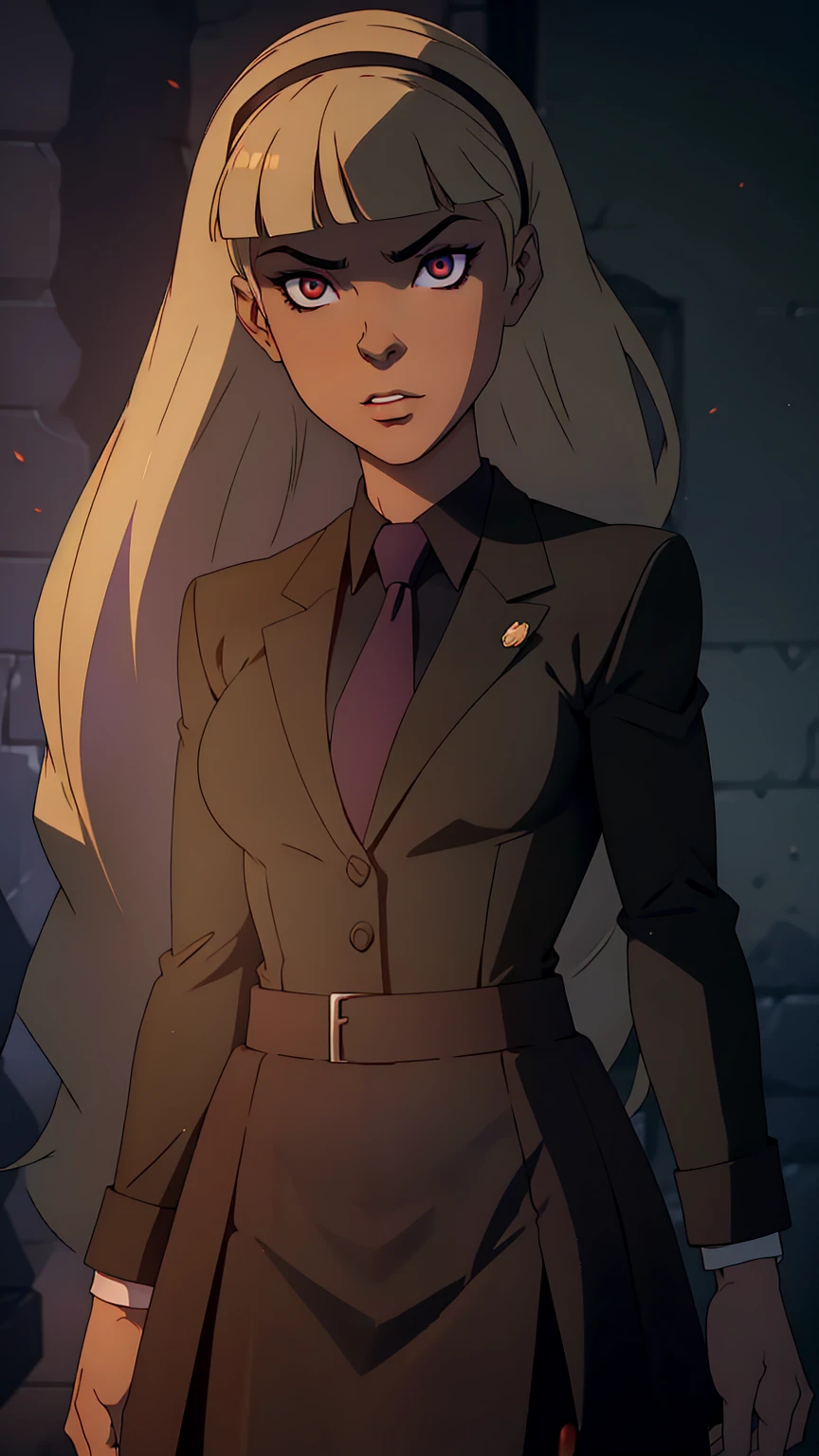 blonde hair, long hair, green eyes, body builder (Wearing black business outfit, black_collared shirt cropped jacket ,tie,necktie,black frilled skirt, garter straps, leather waist belt) (big perfect round breasts,hourglass body, thin waist,very thin waist, Photo realistic,(hyperrealistic:1)beautiful, masterpiece, best quality, extremely detailed face,perfect face,beautiful face, perfect lighting,detailed eye makeup, detail face, nice detailed eyes,nice hands, perfect hands,glowing eyes (realistic pupils,realistic iris:1) heavy eye makeup,