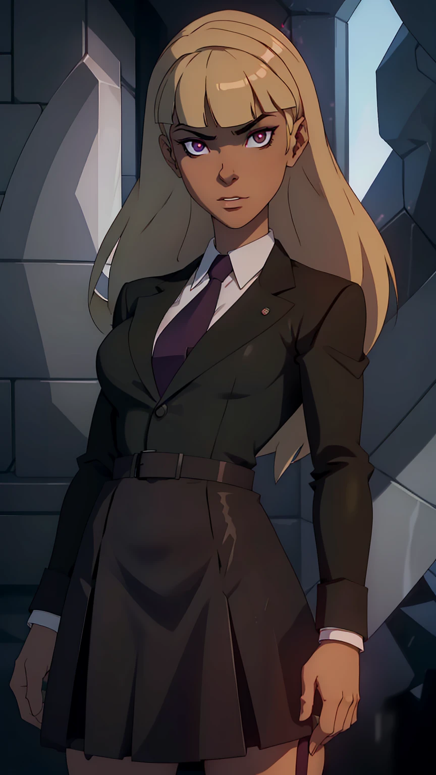 blonde hair, long hair, green eyes, body builder (Wearing black business outfit, black_collared shirt cropped jacket ,tie,necktie,black frilled skirt, garter straps, leather waist belt) (big perfect round breasts,hourglass body, thin waist,very thin waist, Photo realistic,(hyperrealistic:1)beautiful, masterpiece, best quality, extremely detailed face,perfect face,beautiful face, perfect lighting,detailed eye makeup, detail face, nice detailed eyes,nice hands, perfect hands,glowing eyes (realistic pupils,realistic iris:1) heavy eye makeup,