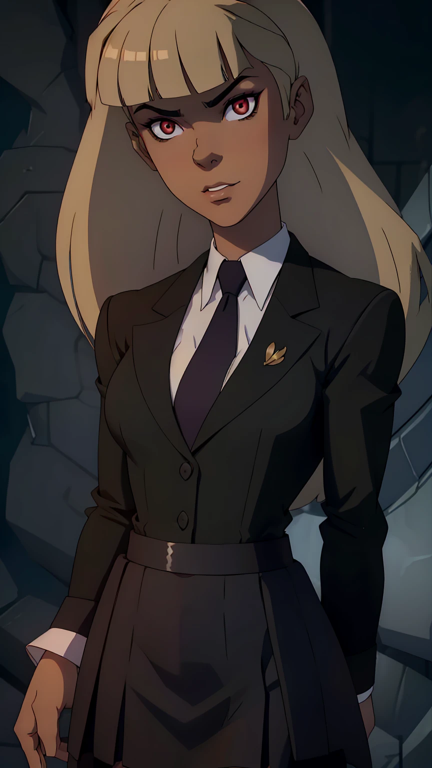 blonde hair, long hair, green eyes, body builder (Wearing black business outfit, black_collared shirt cropped jacket ,tie,necktie,black frilled skirt, garter straps, leather waist belt) (big perfect round breasts,hourglass body, thin waist,very thin waist, Photo realistic,(hyperrealistic:1)beautiful, masterpiece, best quality, extremely detailed face,perfect face,beautiful face, perfect lighting,detailed eye makeup, detail face, nice detailed eyes,nice hands, perfect hands,glowing eyes (realistic pupils,realistic iris:1) heavy eye makeup,