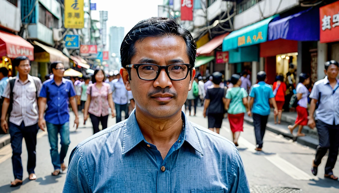 Mr A is a 40 year old man with short black hair, slightly white and gray, wearing a simple blue shirt, black BL glasses, comes from Indonesia. Background at Busy city street with people walking, Midday, Atmosphere: Lively, bustling, Emotion Mr.A: Curious, captivated, Camera Angle: far shot of the Mr.A walking, Mr.A looking around. (full body, super details, super focus, extra realistic, extra cinematic, 8K)