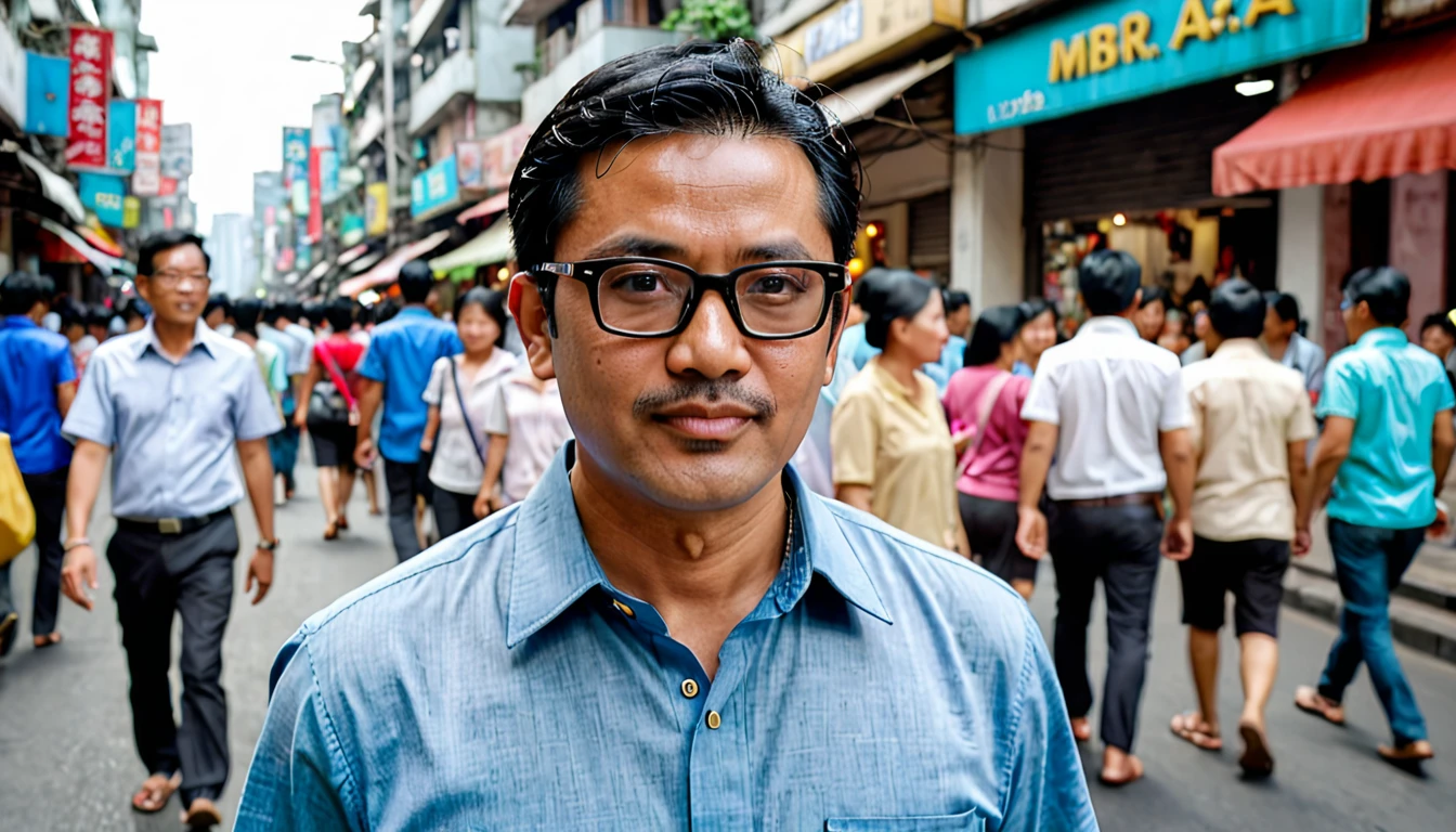 Mr A is a 40 year old man with short black hair, slightly white and gray, wearing a simple blue shirt, black BL glasses, comes from Indonesia. Background at Busy city street with people walking, Midday, Atmosphere: Lively, bustling, Emotion Mr.A: Curious, captivated, Camera Angle: far shot of the Mr.A walking, Mr.A looking around. (full body, super details, super focus, extra realistic, extra cinematic, 8K)