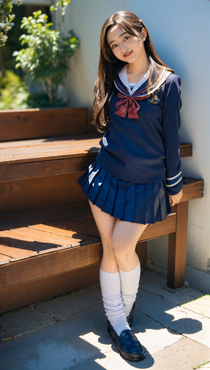 ((highest quality、8k、masterpiece:1.3)),((((fullbody shot)))),Ultra-high resolution,big eyes,Japanese,forehead,bangs,(a girl),(1 girl),((16 years old)),((cute)),pretty,((facing at viewer)),(long hair),(((black sailor uniform))),grin,((standing)),(loafers),(pleated mini skirt)