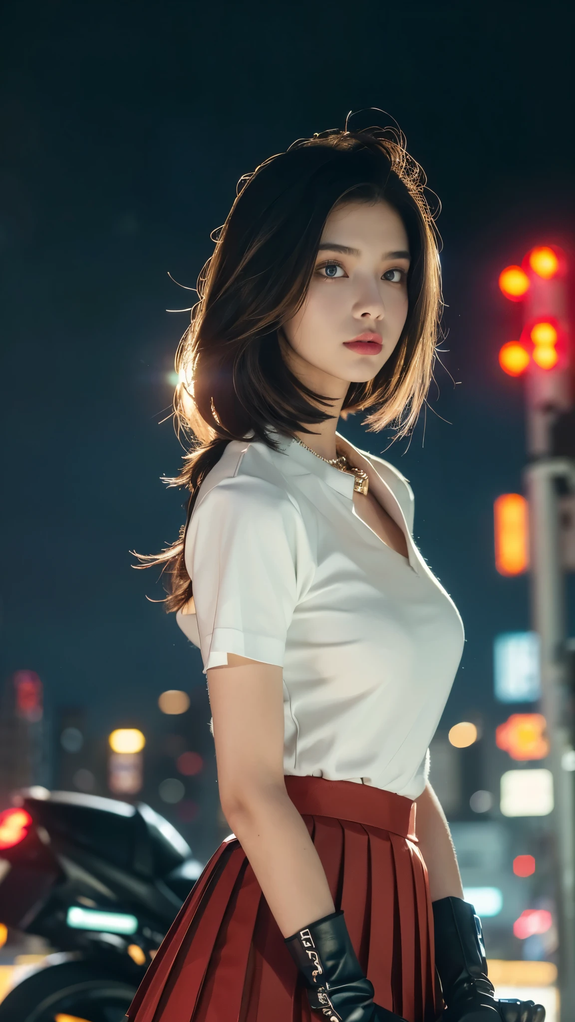 (((best quality))),(((very detailed))),(((masterpiece))),illustration,(1 beautiful girl,alone),((slim,thin)),((big bust,soft chest)),(crash helmet:1.3),shoulder length straight bob hair,slim 다리,cyberpunk, city streets,College student,(riding a motorcycle:1.3), smooth, (white collar short sleeve shirt:1.3),(Gloves:1.2),(Red color pleated skirt:1.3),(pantyhose:1.3), stylish boots, trust, crystal, dark street,neon lights, skyscrapers, city noise, traffic, Siren, sounds of the city, futuristic, Dystopian societies, technology, fashion, explosive cocktail, style, , modernity, demeanor, soul, anything is possible,((in front,upper body))