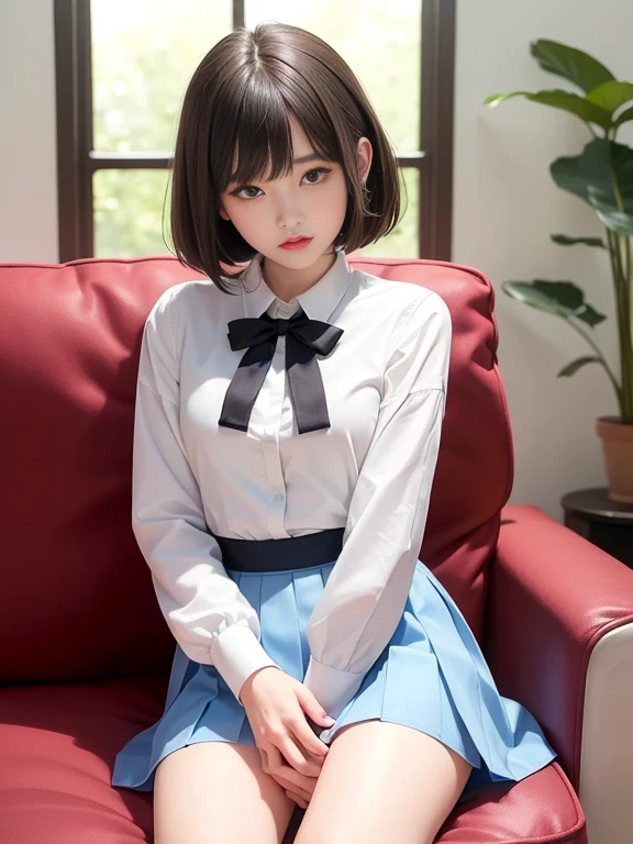 (masterpiece、Highest quality:1.7)、(12 years old:1.5)、((Bobcut))、Black Hair、85mm、16K、Official Art、RAW Photos、Best Beautiful Faces、Close-up、Violet、Gardenia、The best beautiful girl、very cute、Red blush on cheeks、indoor、(Sitting on the couch:1.8)、Film Grain、Chromatic Aberration、Sharp Focus、(((Nice hands、Perfect hands、Perfect Fingers、Thin and delicate fingers、A perfect body without flaws)))、Detailed face、(Slender body:1.5)、(Slender body:1.4)、(Petite body:1.4)、(Small breasts:1.9)、(Let your bangs hang down:1.8)、(Blushing:1.8)、(Low contrast lighting:1.2)、(White tight business blouse with collar:1.5)、(White bow tie blouse:1.3)、(Long sleeve: 1.3)、(Light blue pleated mini skirt:1.5)、(White School Socks:1.5)、(Eyes closed:1.5),(Hands in crotch:1.5)