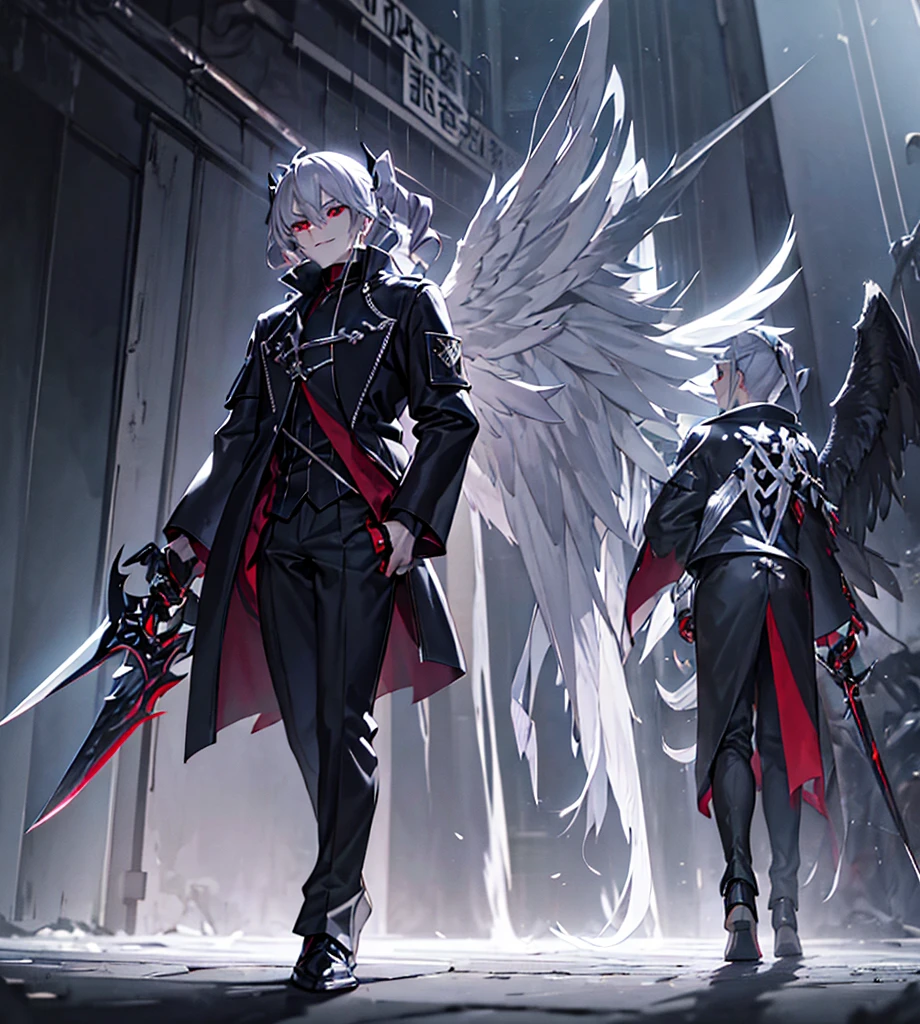 Silver hair, twin drills, abyss, growing large black wings, wielding a jet black sword in one hand, countless swords covering his body, sharp gaze, red light running through his eyes, turning up the corners of his mouth, blue flames, all alone, scary smile, his back is captured on camera, one hand on the ground