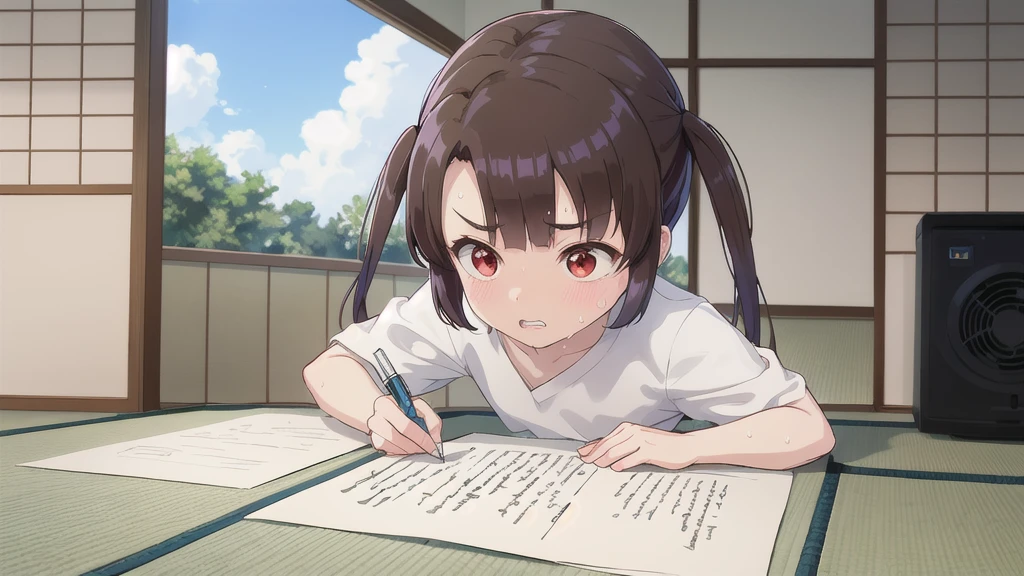 Dilapidated and dark Japanese-style room,blue sky,cloud,On the tatami_Leaning forward while sitting upright,Near your desktop PC,indoor,1 Girl, 独奏, Red eyes, Twin tails, brown hair,crawling,((顔 focus)),upper body,White shirt,Blue denim pants, bangs, eyebrows visible through hair, Flat Chest,Look Down,teeth ,annoyed,panicking,((Write on loose-leaf paper with a pen)),((Sweat)),Crowd