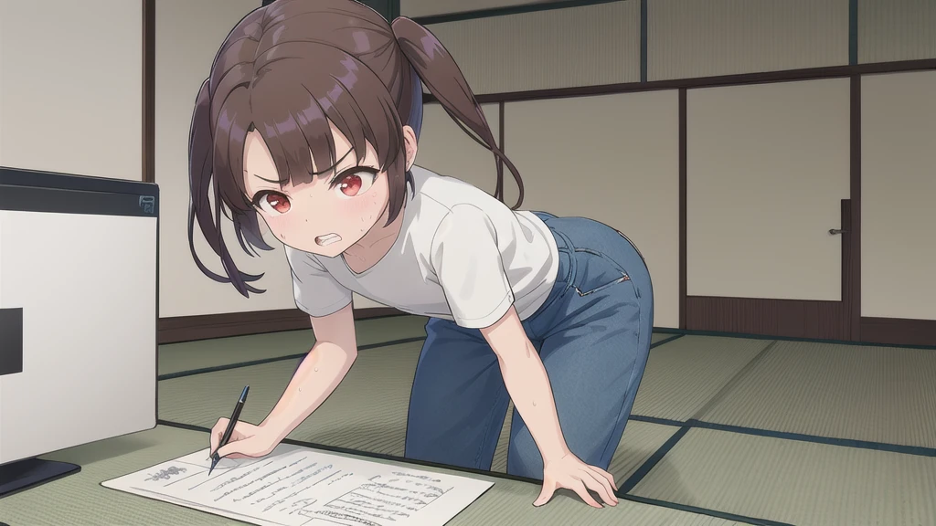 Dilapidated and dark Japanese-style room,blue sky,cloud,On the tatami_Leaning forward while sitting upright,Near your desktop PC,indoor,1 Girl, 独奏, Red eyes, Twin tails, brown hair,crawling,((顔 focus)),upper body,White shirt,Blue denim pants, bangs, eyebrows visible through hair, Flat Chest,Look Down,teeth ,annoyed,panicking,((Write on loose-leaf paper with a pen)),((Sweat)),Crowd