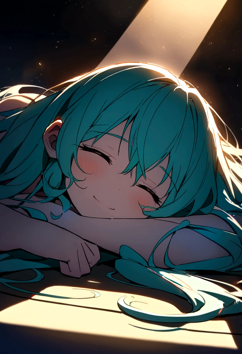 A low-angle shot from a frog's perspective captures Hatsune Miku's slumbering form, her turquoise locks tangled across the floor as she sleeps on her stomach. The camera lens is mere inches from her sleepy face, showcasing gentle eyelid creases and a subtle smile. Softly lit from beneath, her skin glows with a warm, golden undertone.