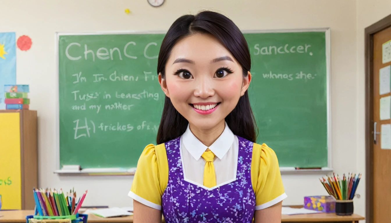 My Teacher My teacher is amazing. Her name is Miss Chen. She always smiles and wears colorful dresses. She teaches math, science, and English. Miss Chen explains things well and helps us when we're stuck. She makes learning fun with stories and art class. I'm lucky to have her as my teacher and friend.