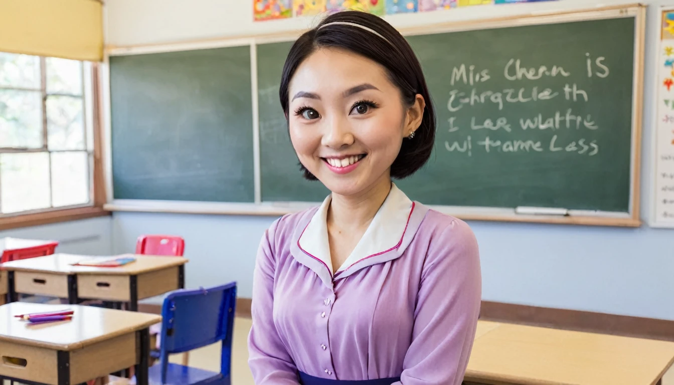 My Teacher My teacher is amazing. Her name is Miss Chen. She always smiles and wears colorful dresses. She teaches math, science, and English. Miss Chen explains things well and helps us when we're stuck. She makes learning fun with stories and art class. I'm lucky to have her as my teacher and friend.