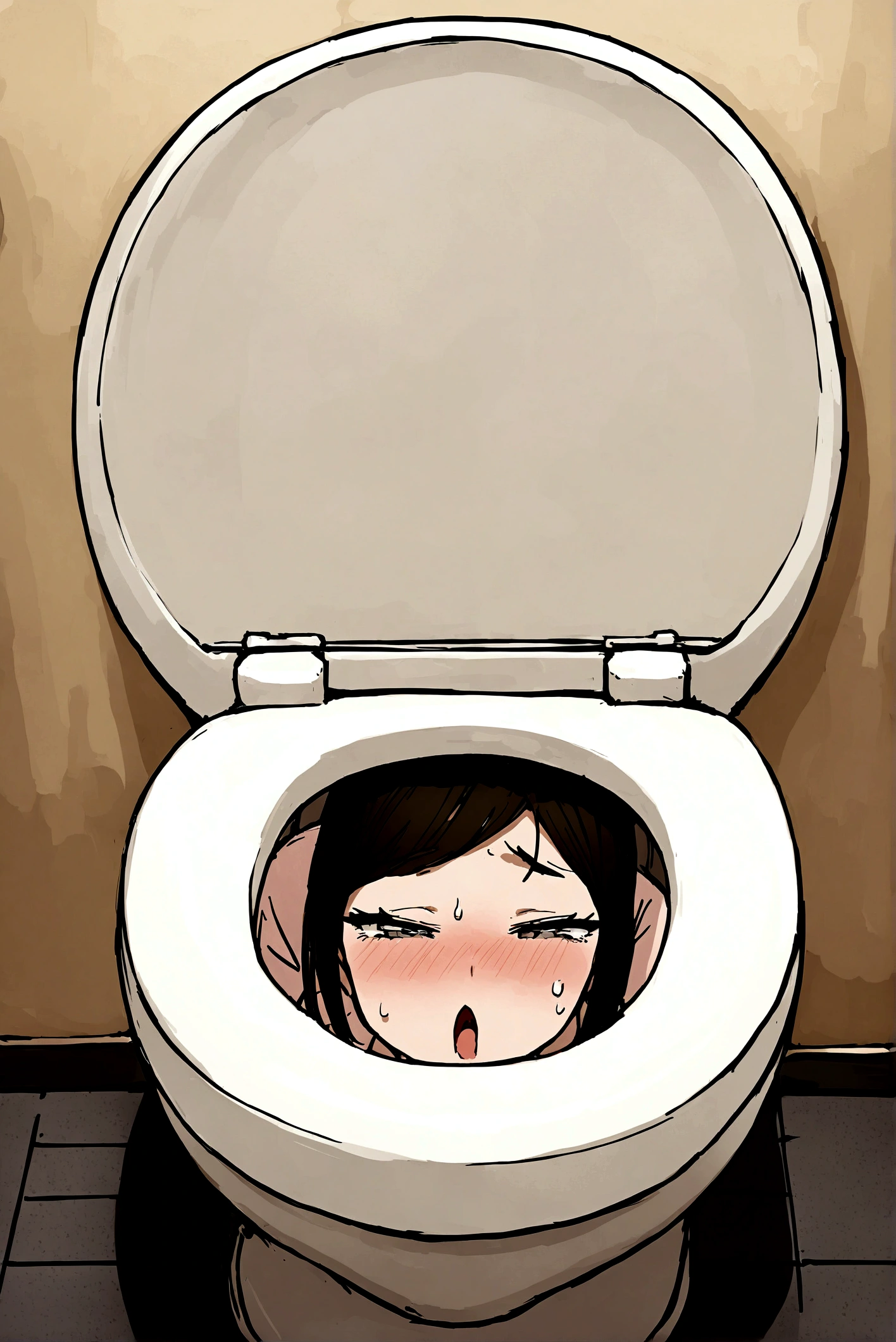 ochaco_uraraka, 1girl, solo, worried, ((crouching on top of the toilet)),  (((masturbating))), (((pussy))), thick thighs, ((((((naked)))))), toilet, public toilet, (((big boobs))), ((spreading legs))