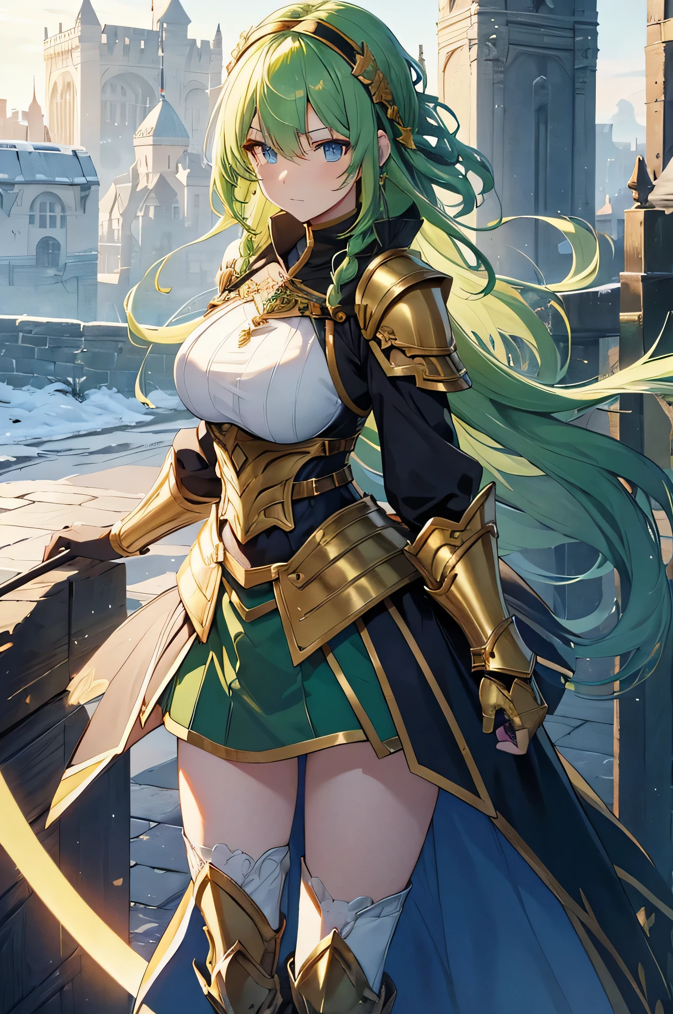 4K,High resolution,One Woman,Green Hair,long hair,Braid,Blue Eyes,Big Breasts,Brave,Golden Armor,Heavy Armor,Full Armor,White boots,White gloves,Black tights,hair band,Jewelry decoration,Golden Sword,Golden Shield,Medieval castle town