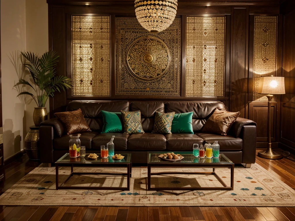 the living room with Islamic decorations. There are several jars of snacks and glasses of drinks on the table, embracing each other. fresh color, UHD, photography