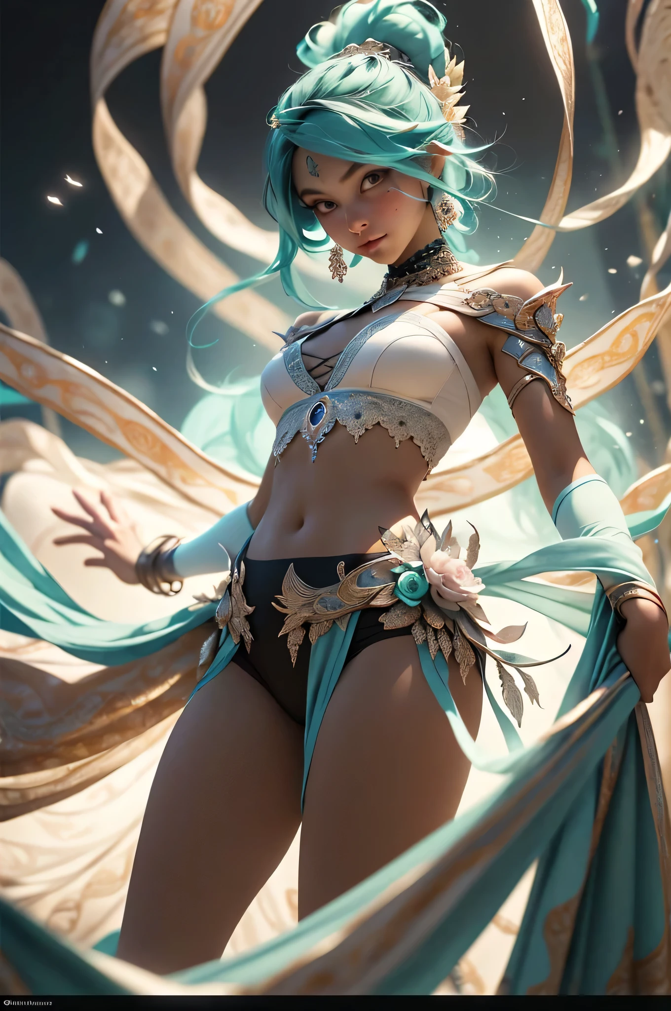 tmasterpiece,top-quality,fanciful,Blue space with shining stars,ice cave,Girl using magic blonde girl),small tits,Green eyes,(Blue jewelry and luxurious silver tiara,Navel Ejection、Gorgeous sexy white dress girl,Blue gemstone brooch,Gold decoration),White and blue high heels,White high socks、Wear blue socks on your right foot,Luxury sword,Blue gemstone in hand,confident facial expression,The green cube glows on the ground,Purple fog,Fly green laser beam,Posture of holding a sword with both hands,low angles,There are large blue crystals under the feet