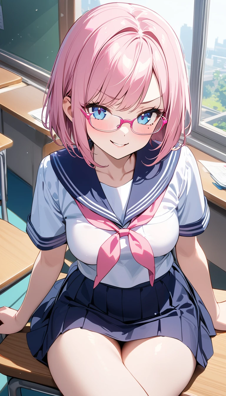 (1 girl),(Best Picture Quality, 8K, Masterpiece:1.3), (high school student:1.5), (pink lob hair:1.1), [skyblue hair:0.1], (bob cut),(swept bangs), (cute eyes, pupil black, iris skyblue, youthful face), (mole under right eye), (standard weight), (medium breasts), (glistening skin:1.1),(pale skin:1.2), ((serafuku, white sailor short sleeve simple shirt, darkblue skirt, darkblue sailor collar, pink ribbon)), (under-rim pink glasses, wayfarer glasses),(high angle) ,(crossed legs), (classroom),(smug:1.2)