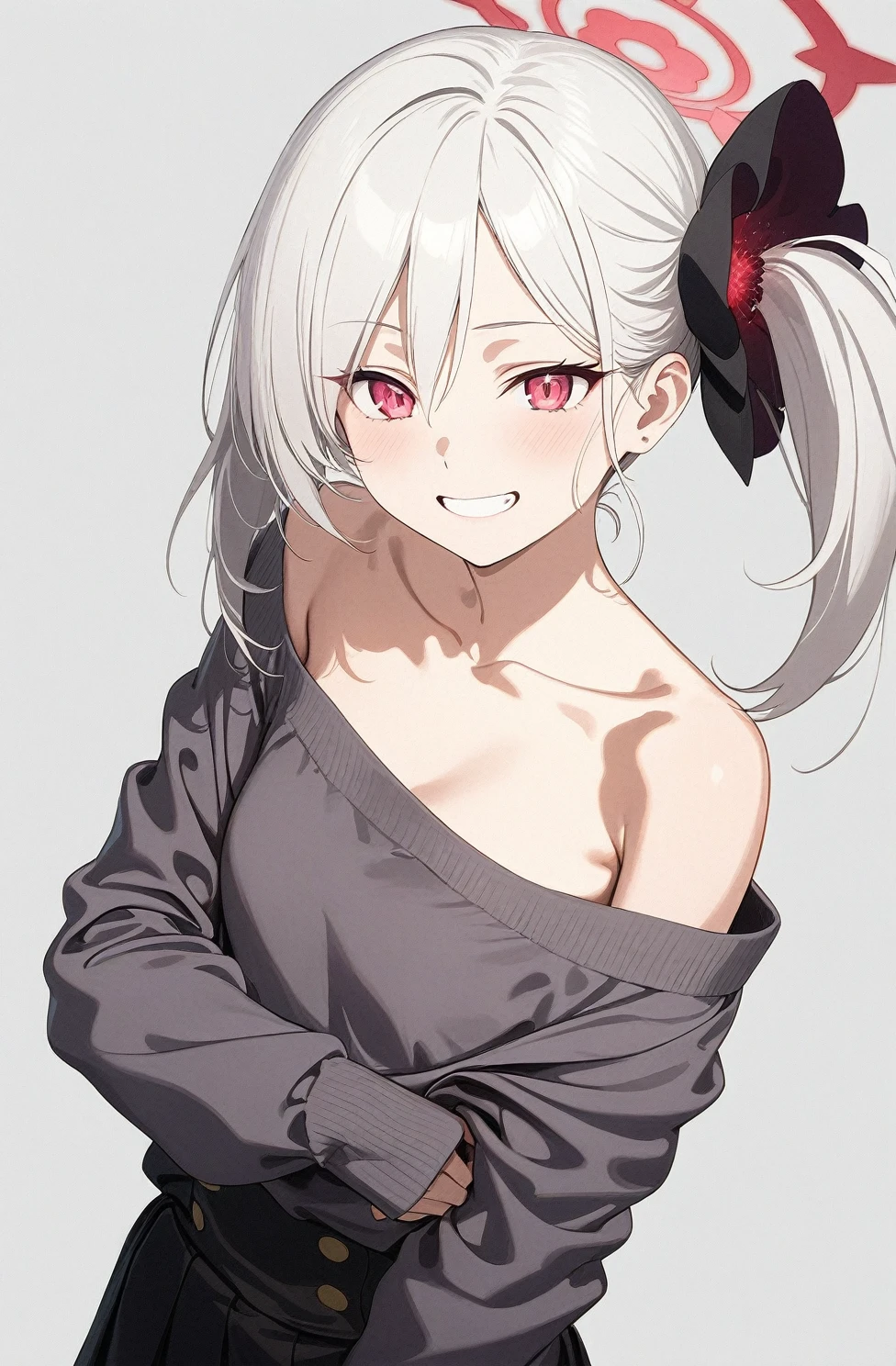 best quality, amazing quality, very aesthetic, absurdres, (1girl, mutsuki, blue archive, solo, red eyes, white hair, side ponytail), (artist official art:1.5), (realistic face:0.2), (grin, off-shoulder sweater ), (cowboy shot), (glowing eyes:1.3), (half closed eyes:0.9), (thigh), expressive eyes, perfect face, 4k, extremely detailed anime illustration, extremely detailed eyes, enhanced details, perfect anatomy, light rays, (gray background:1.5), clear eyes, beautiful face, small breasts, (Chiaroscuro:1.5),  (highres:2), undressing