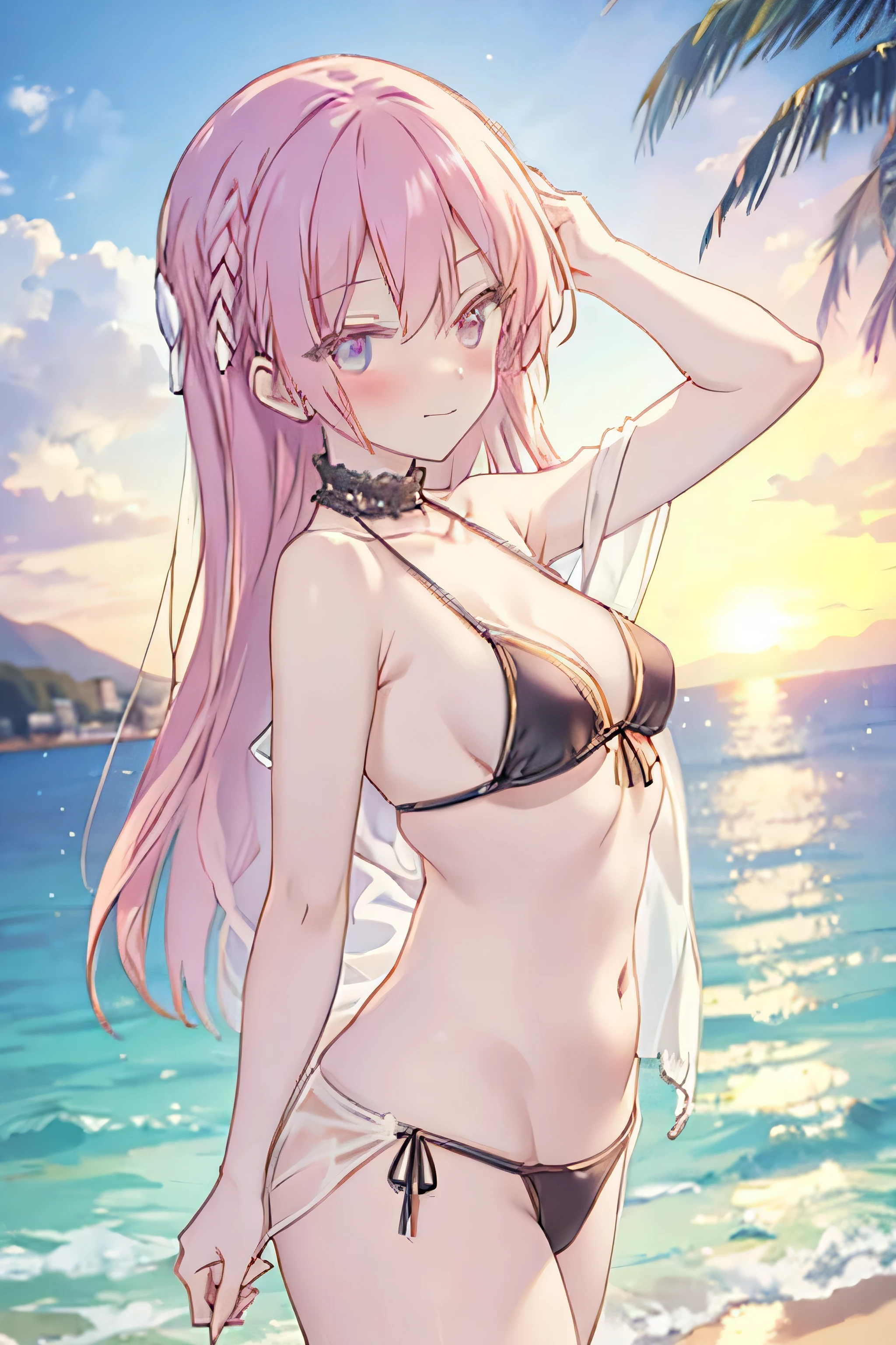 ((Highest quality)), ((masterpiece)), (detailed), 1 Girl, huge bres,Big Tits Girls, sister-in-law,, White Light Side Jacket See-Through, Although small, Revealing swimsuit, Reveal panties, sSunburn, ((Seaside sunset)), Curly Hair, Front shot, Sunburn, , Long and shiny hair, goddess, laugh seductively, Blushing, hot, sexy, Sunburn skin,