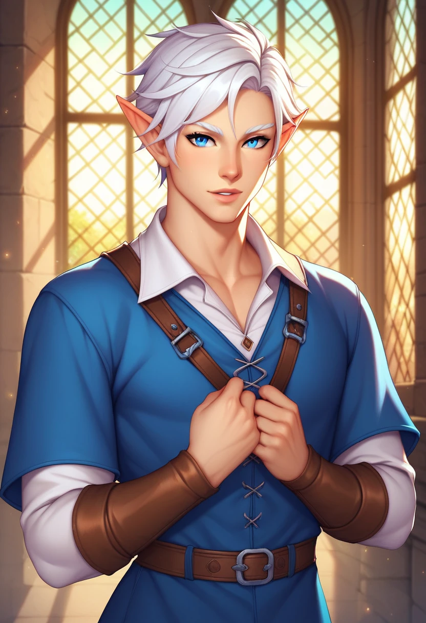 upper body , white hair ,blue eyes ,elf,short hair,Medieval Fantasy,luxury set,nobility,handsome man,Mages,The backdrop is a mansion.