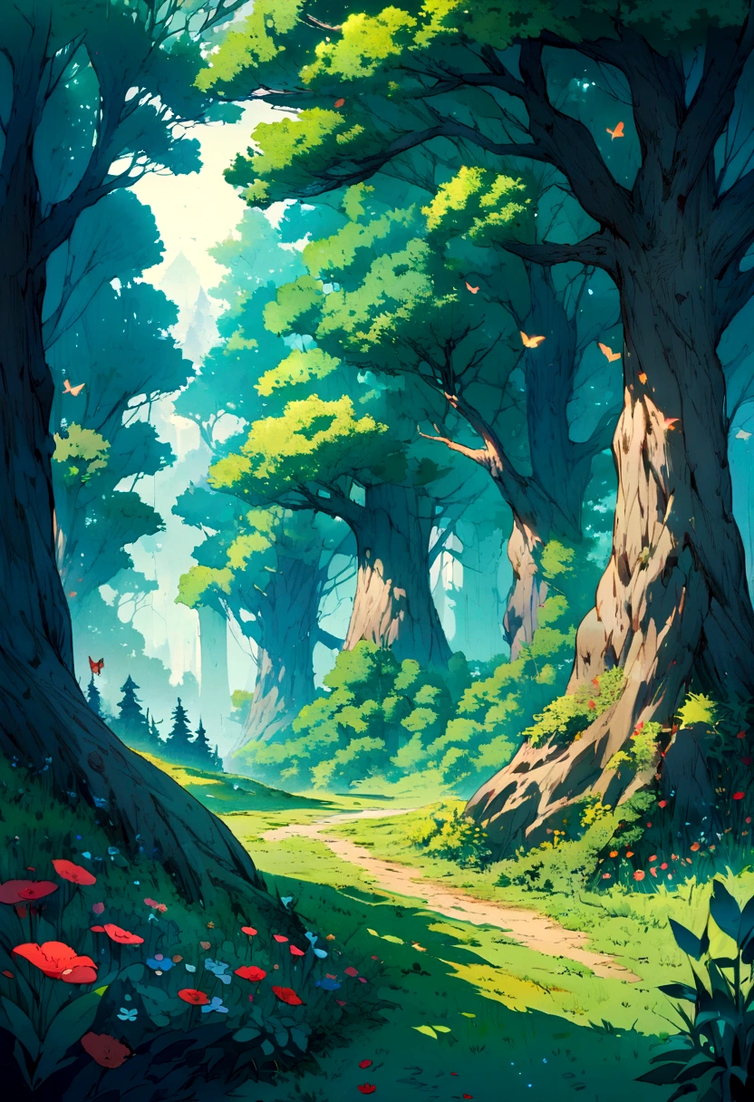 Tall trees and lush green leaves in a fields