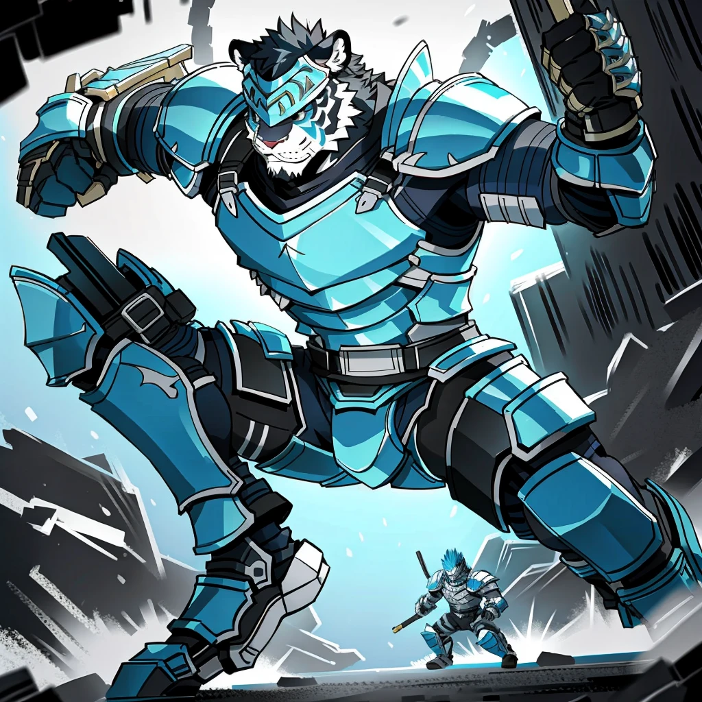 Tiger,Young Adults,Strong,handsome,warrior,Scantily clad(Scapula,Armor knee pads,Crotch bulge),expression(unyielding,Fight),Open your legs,alone,Front angle