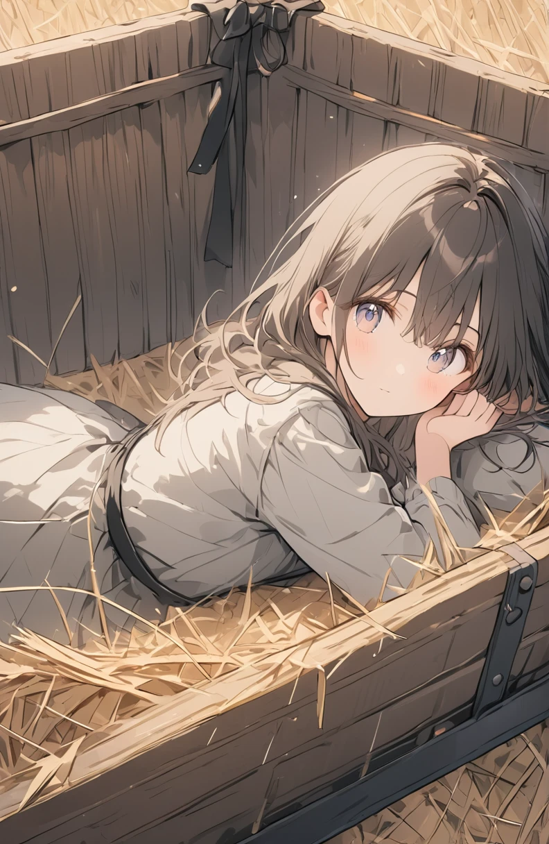 Very detailed、Very absurd、超High resolution, Attention to detail, high quality, High resolution, 最high quality, 4K, 8K,Background of a wagon loaded with straw、Girl lying on straw
