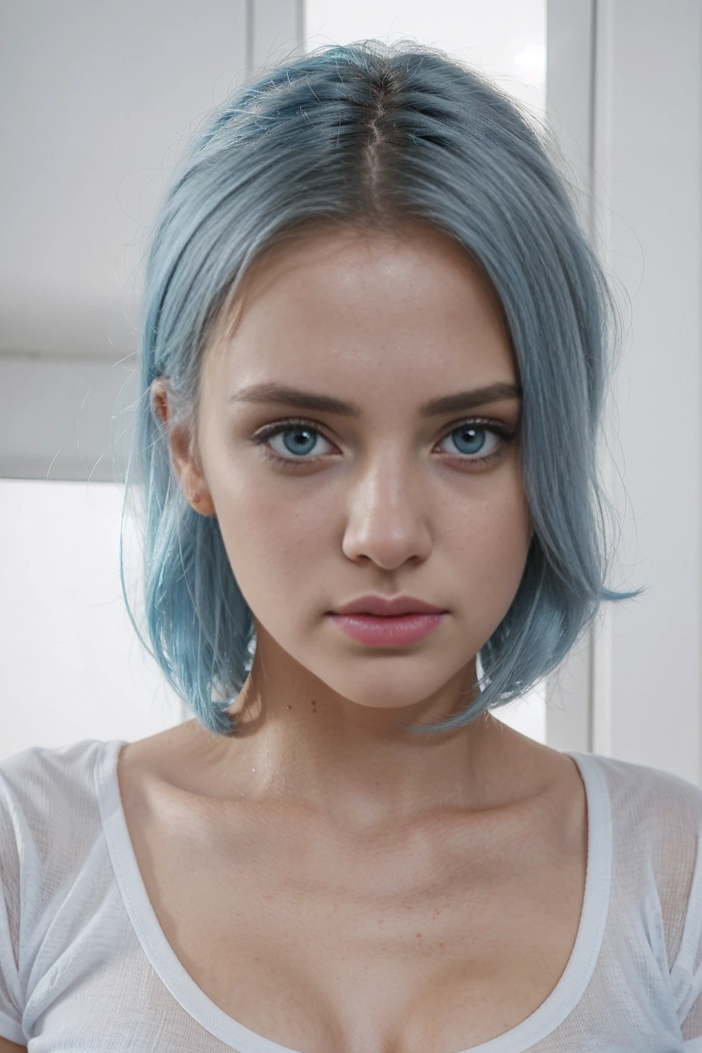 wearing cute white tshirt, portrait, beautiful face, light blue hair, beautiful eyes, open eyes, hyper realistic, realistic texture, natural lighting, sexy hot babe woman, beautiful body, grey eyes, beautiful alluring , perfect nose, ultra beautiful, realistic , epic beautiful, 8k, fuji xt3, not cropped, big breasts