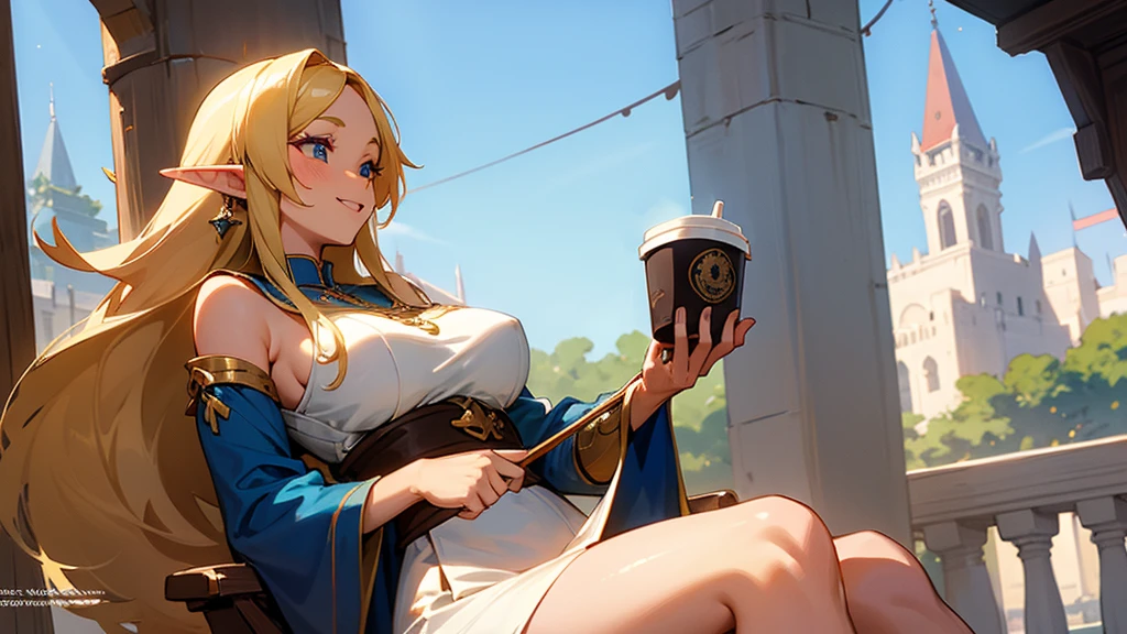 Anime Style,Nostalgic,Detailed background,The medieval world,A bustling square with many people,Beautiful elf girl holding a smiling bard coffee,Large Breasts,Healthy thighs,Underarm