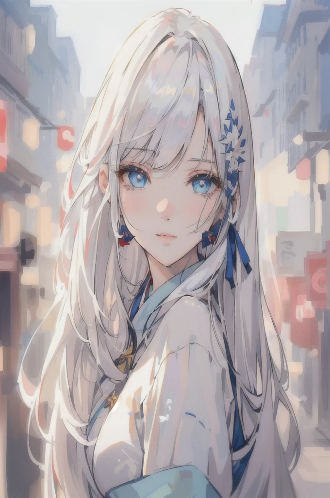 Anime girl with long white hair and blue eyes in the city, White-haired God, Beautiful anime portraits, Detailed portrait of an anime girl, Perfect white hair girl, Beautiful Anime Girls, Beautiful Anime Women, White Hair Girl, Cute Anime Girl Portrait, palace ， Girl in Hanfu, From Girls Frontline, guweiz on pixiv artstation, ”Beautiful Anime Women