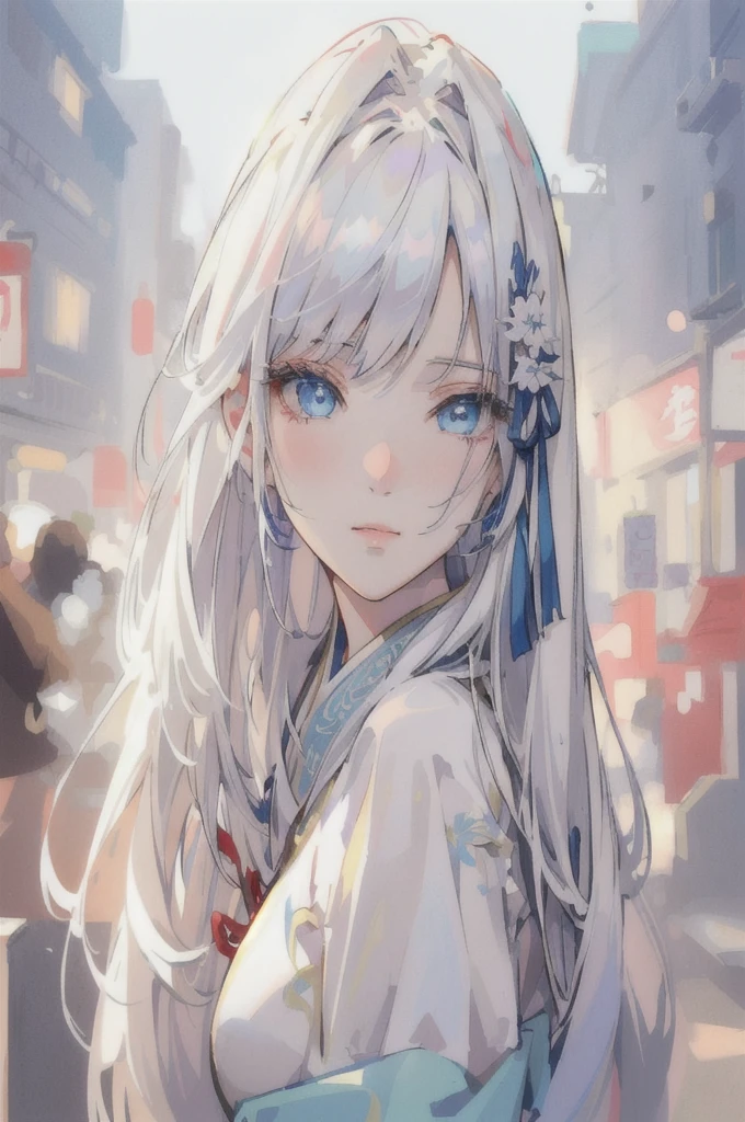 Anime girl with long white hair and blue eyes in the city, White-haired God, Beautiful anime portraits, Detailed portrait of an anime girl, Perfect white hair girl, Beautiful Anime Girls, Beautiful Anime Women, White Hair Girl, Cute Anime Girl Portrait, palace ， Girl in Hanfu, From Girls Frontline, guweiz on pixiv artstation, ”Beautiful Anime Women