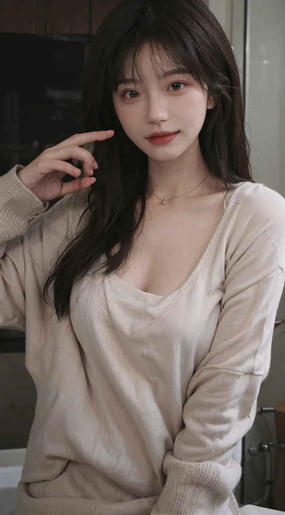 best qualtiy, Ultra-high resolution, (realisticlying:1.4),cute hairpin,Baoyu Girl,1girll, Beautiful woman with a slim figure:1.4, abs:1.1, (A brown-haired, mideum breasts:1.3), Long pink sweater:1.1, bathroom,Ultra-fine face,Elaborate Eyes,double eyelid,ssmile,choker necklace,Looks like Liu Yifei's beautiful face